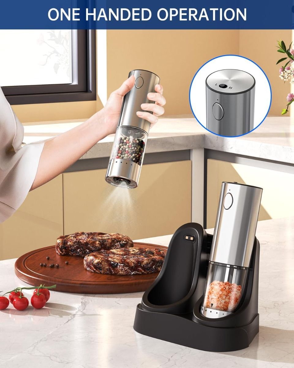 2-Speed Electric Salt and Pepper Grinder Set Rechargeable Stainless Steel Pepper Mills with Charging Base, 190ML Spice Mill Kitchen Tools