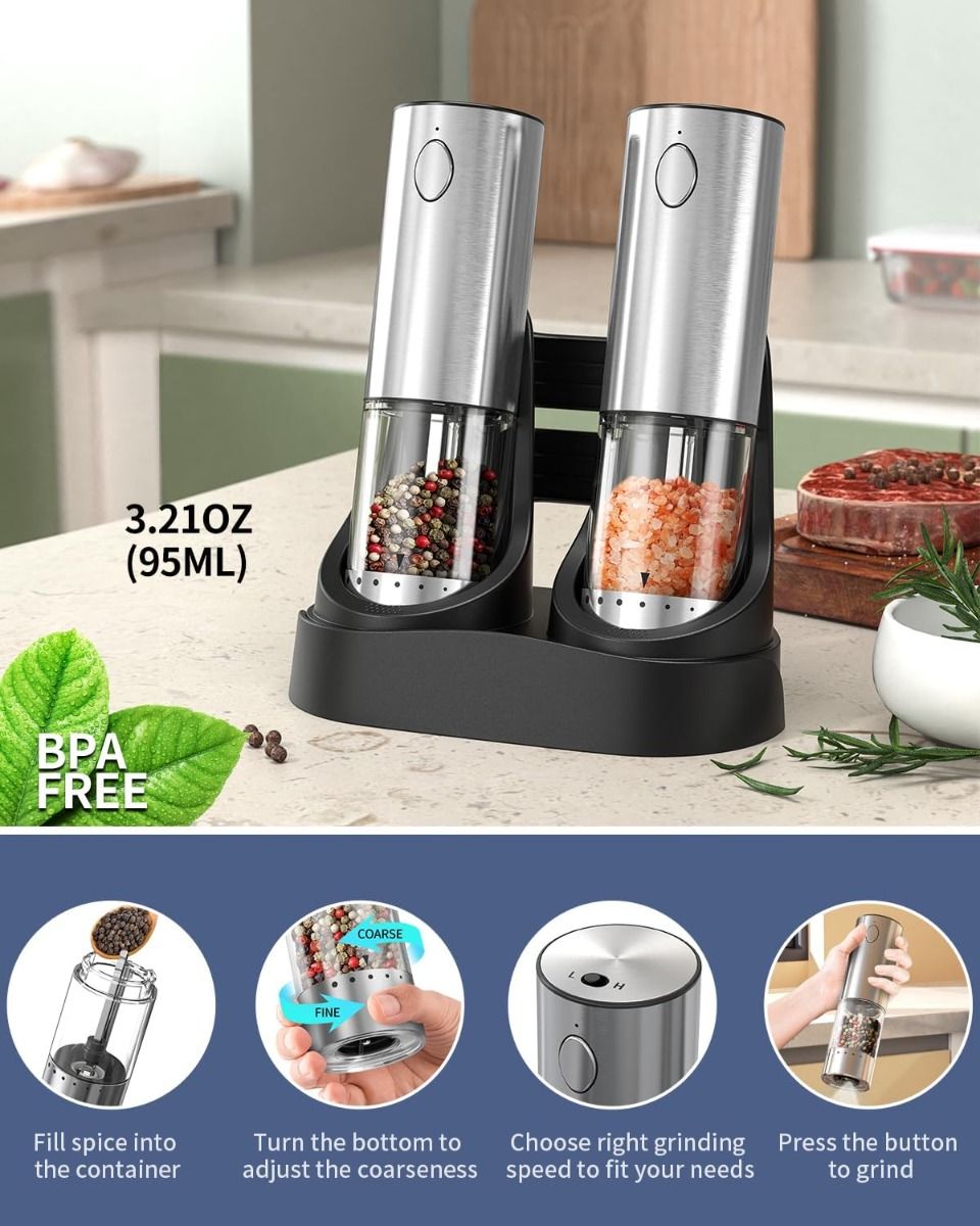 2-Speed Electric Salt and Pepper Grinder Set Rechargeable Stainless Steel Pepper Mills with Charging Base, 190ML Spice Mill Kitchen Tools