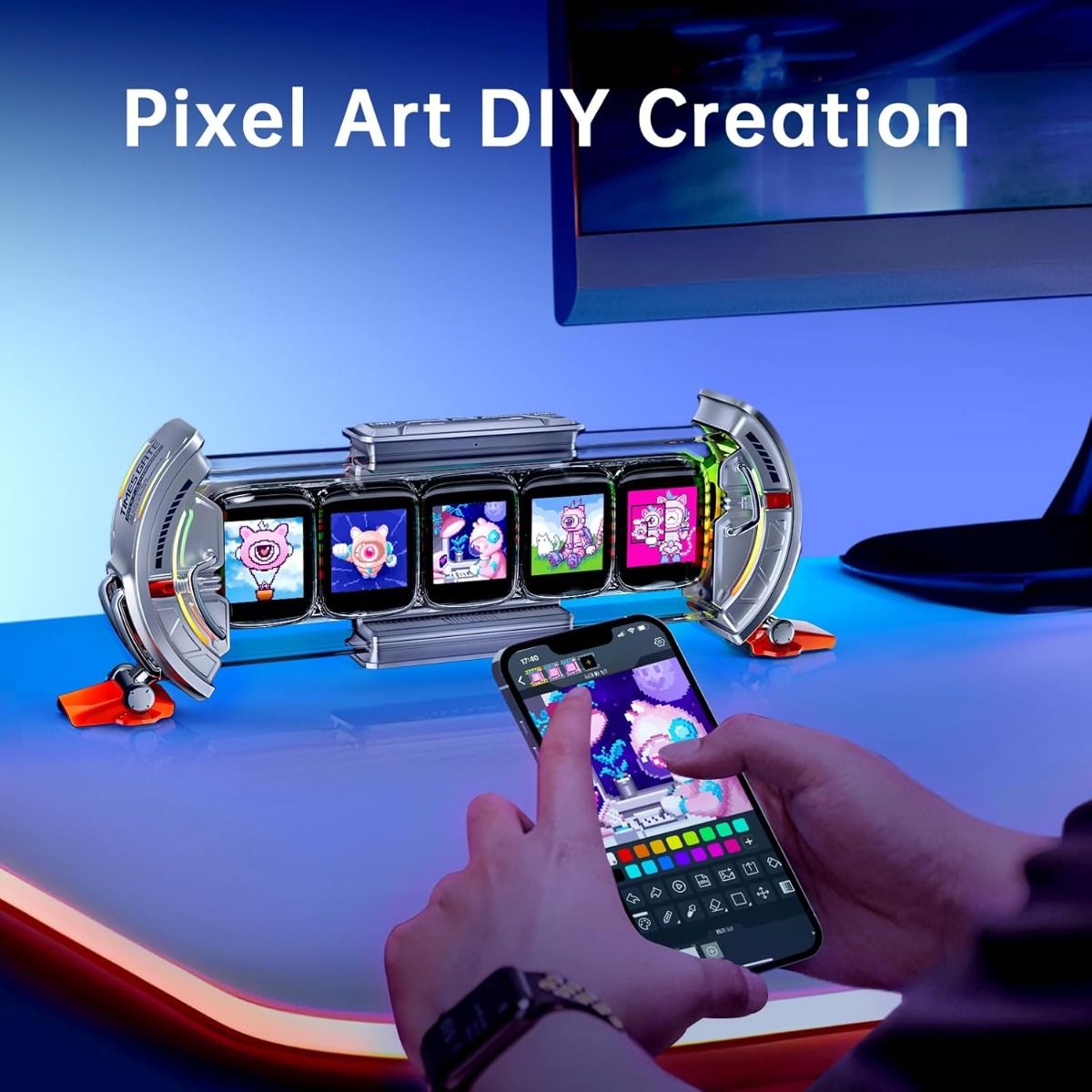 Divoom Times Gate - Cyberpunk Gaming Setup Digital Alarm Clock, Smart APP, WiFi Connect, RGB LED Display, Personalized Financial & Bitcoin Dashboard, Pixel Art for Gaming Room & Office Decor